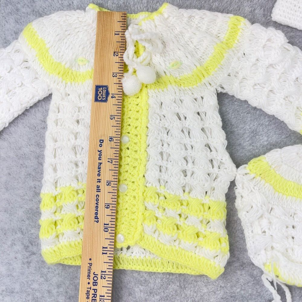 Vintage Handmade Yellow White Knit Baby Set Outfit Dress  Booties Bonnet Doll - Picture 10 of 14